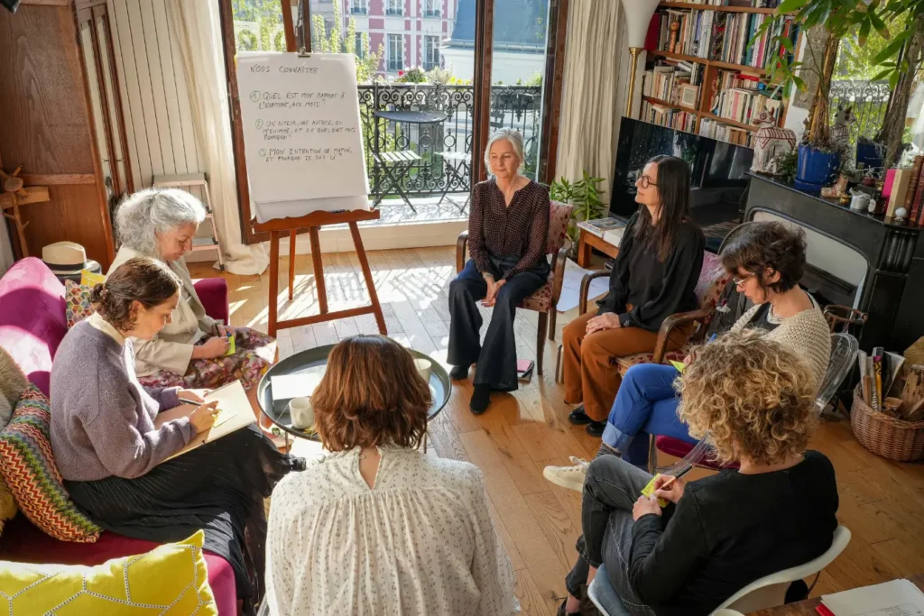 Groupe de participants échangeant lors d'un atelier de coaching en reconversion.