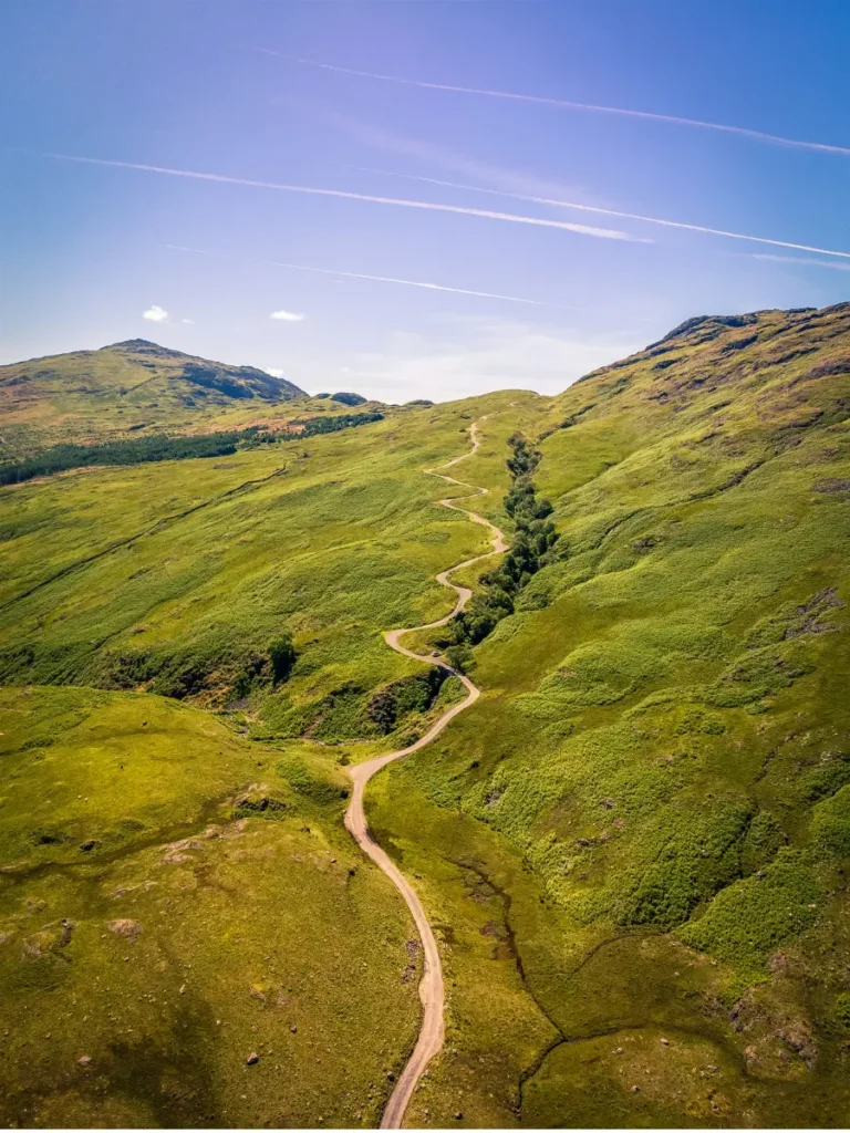 Vue aérienne d'un chemin traversant un paysage, illustrant la prise de recul et la réflexion dans l'accompagnement des dirigeants.