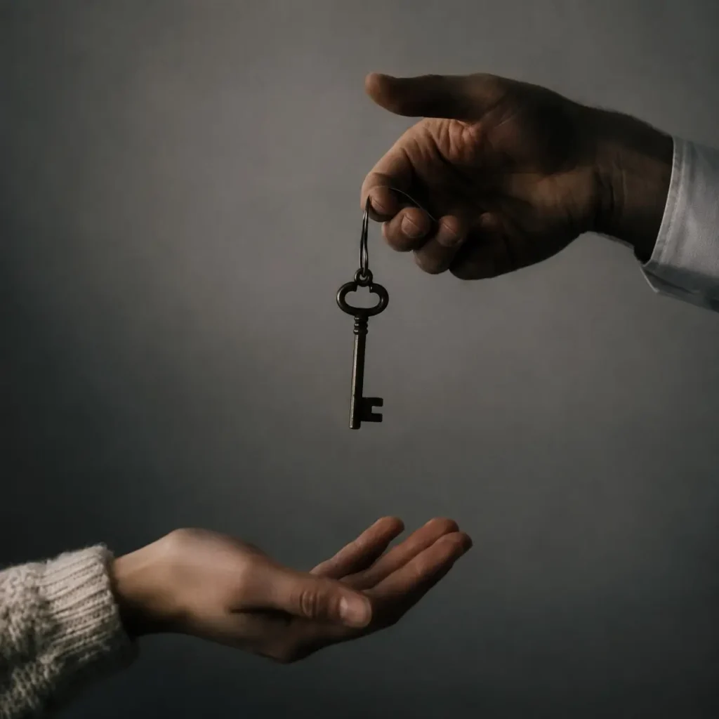Deux mains se transmettant une clé, illustrant la transmission d'une entreprise familiale entre générations.
