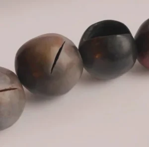 Sculpture de Catherine Chavigny, quatre formes sphériques en terre cuite évoquant des graines qui s’ouvrent.
